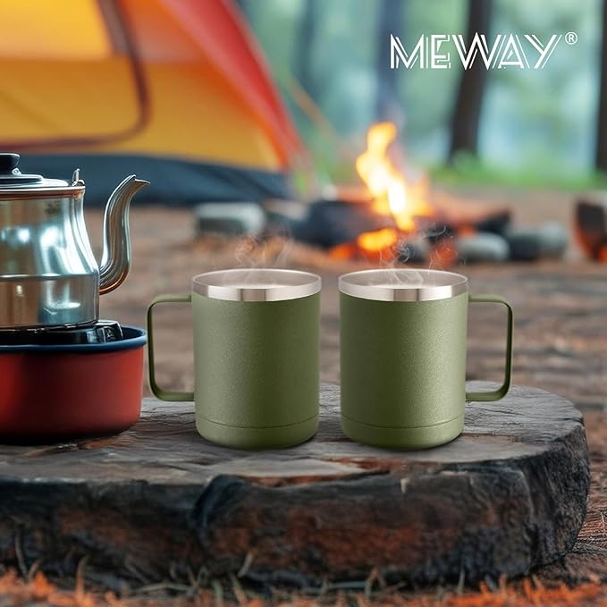 MEWAY 12oz Coffee Mug With Handle and Sliding Lid,Stainless Steel Travel Tumbler Cup with Handle,Double Wall Vacuum Insulated Camping Cup for Hot & Cold Drinks Tea (Army Green,Set of 1
