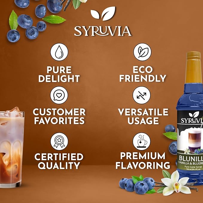 Syruvia BLUNILLA Coffee Syrup Vanilla Blueberry - 25.4 fl oz - Kosher Syrups, Gluten Free With Pump