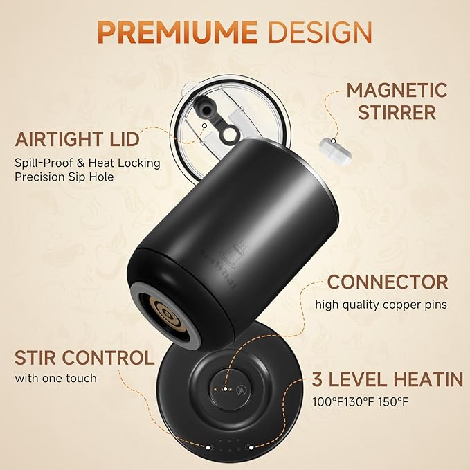 Self Stirring Coffee Mug with Temperature Control,Type-C Heated Magnetic Mixing Cup,3 Heat Levels,8-Hour Auto Shut-Off,USB Rechargeable Stainless Steel Smart Mug for Milk Protein Shakes Black 11oz