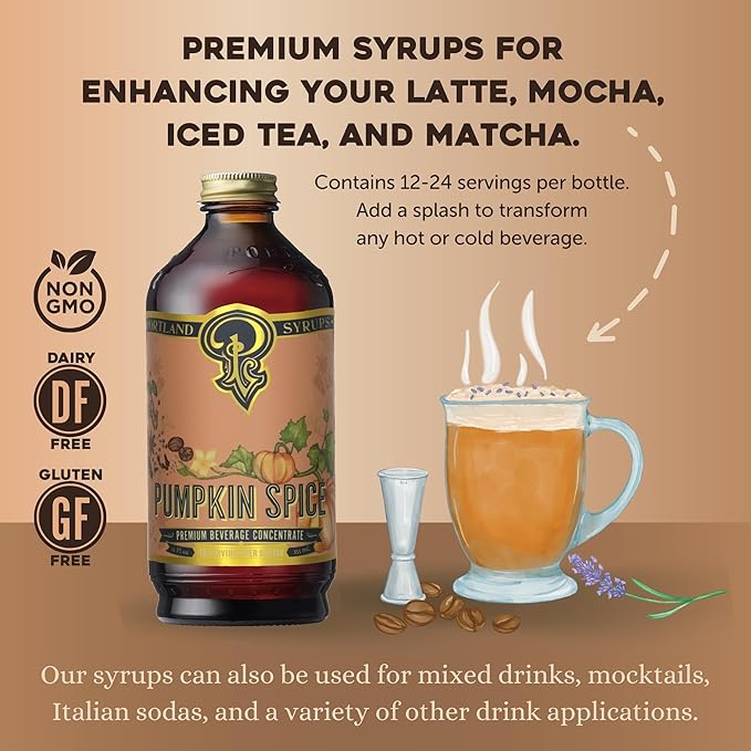 Portland Syrups Pumpkin Spice - Drink Mix for Exceptional Cocktails, Sugar Syrup for Drinks, Simple Syrup for Coffee, Mocktails, Baking, 12 oz, Pack of 2