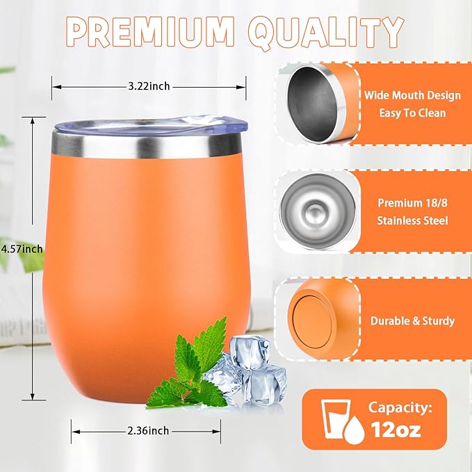12oz/4 Pack Stainless Steel Wine Tumbler with Lid and Straw, Double Wall Vacuum Insulated Wine Tumbler Glasses, Stemless Travel Mugs for Hot and Cold Drinks, Coffee, Wine, Cocktails