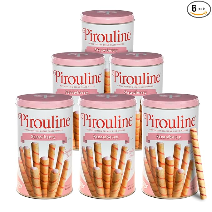Pirouline Rolled Wafers – Strawberry – Rolled Wafer Sticks, Crème Filled Wafers, Rolled Cookies for Coffee, Tea, Ice Cream, Snacks, Parties, Gifts, and More – 14.1oz Tin 6 Pack