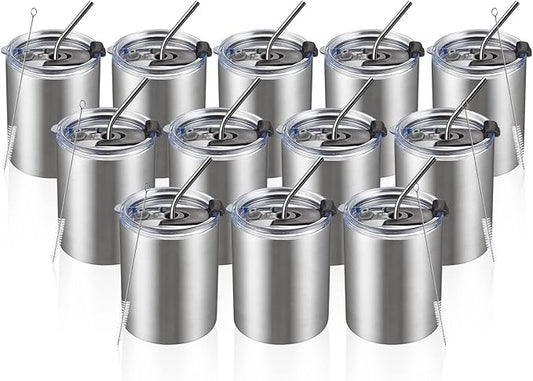 MEWAY 12 oz Lowball, Tumbler Stainless Steel Double Wall Vacuum Insulated Mug with Straw and Lid, Cleaning Brush ，Durable Powder Coated Insulated Coffee Cup for Cold & Hot Drinks (Silver, 12 pack)