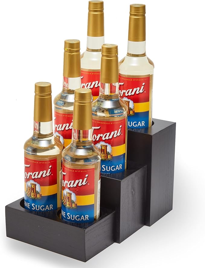 Black Wood Coffee Syrup Rack Organizer, 3 Tier Syrup Bottle Holder for Coffee Bar, 6 Bottles(750ml) Storage Stand for Syrup, Wine, Dressing for Kitchen Coffee Station(3 Separate Pieces)