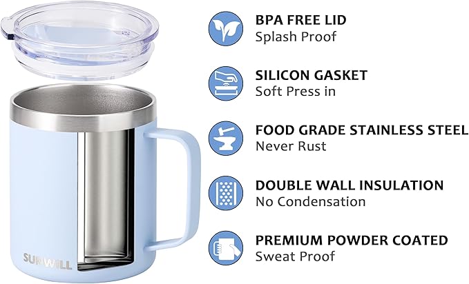 SUNWILL Travel Coffee Mugs Set of 4, Insulated Tumbler with Lid, 14 oz Stainless Steel Cup with Handle Bulk for Gift, Camping, Office, Powder Coated Orchid, Iceberg, Mint, Sakura