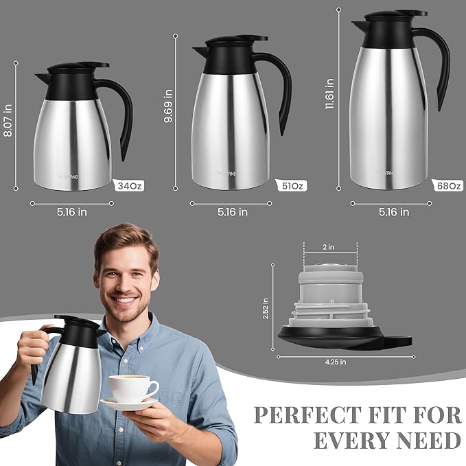 34 Oz Thermal Coffee Carafe, Stainless Steel Insulated Vacuum coffee crafts to keep coffee hot, 1 Liter Tea Water Coffee and Beverage Dispenser (Silver)