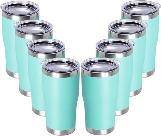 DOMICARE 20oz Tumbler with Lid Stainless Steel Tumblers Bulk, Double Wall Vacuum Insulated Coffee Travel Mug Powder Coated Tumbler, 8 Count (Pack of 1) Light Blue