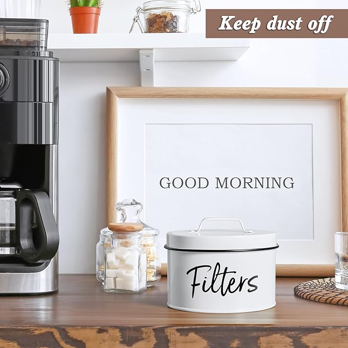 DRASTAR Coffee Filter Holder, Filter Storage with Lid for Counter, Storage Basket Container for Coffee Bar Accessories Decor, White