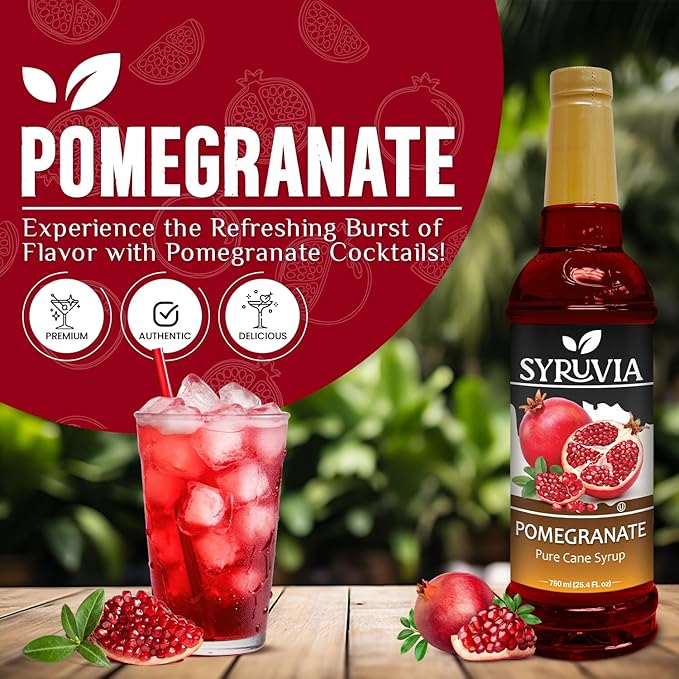 Syruvia Pomegranate Syrup, Flavored Syrup for Drinks, Cocktails, Lemonades, Iced Teas, and Desserts – 25.4 fl oz, With Pump