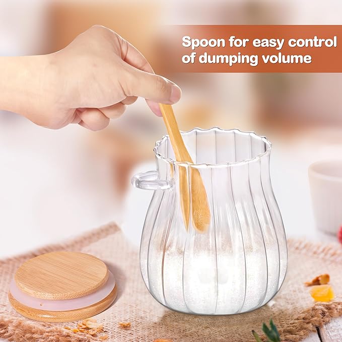 15oz Sugar Container with Bamboo Lid and Spoon,Sugar Bowl Glass Jar for Coffee Bar Accessories Coffee Canister Kitchen Decor (Medium)