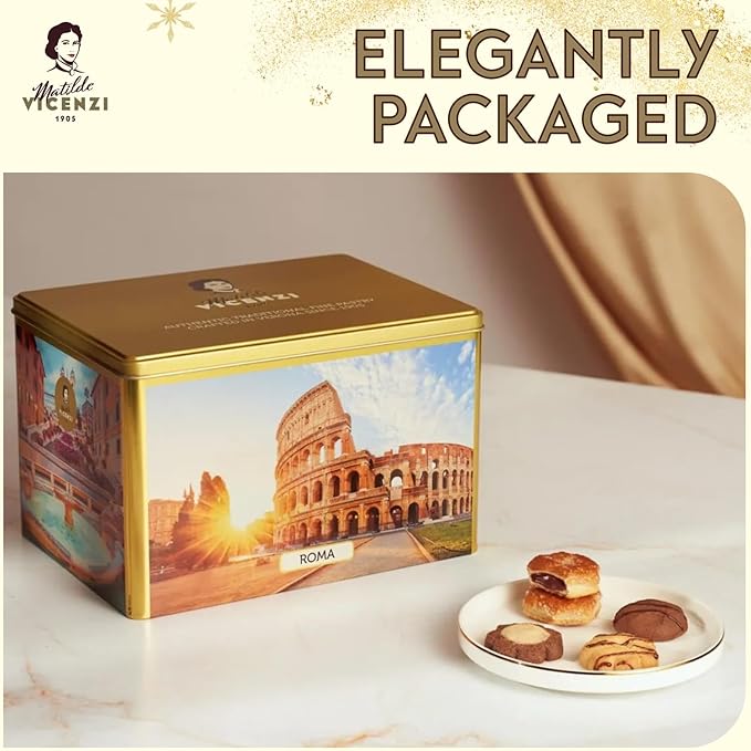 Matilde Vicenzi Roma Cookie Gift Tin - Italian Pastries & Cookies in Individually Wrapped Trays - Gourmet Gifts For Thanksgiving, Holidays, Corporate - Assorted Cookies in Italian Design Tin 32.5oz (920g)