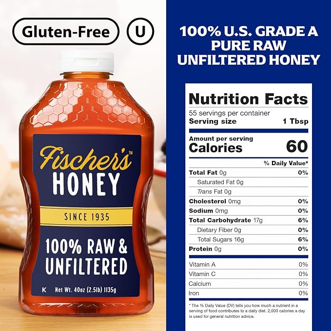 Fischer's 100% Pure, Raw & Unfiltered Honey, 40 oz – USA Made Honey – All-Natural Sweetener – Rich Flavor Profile, Packed with Nutrients
