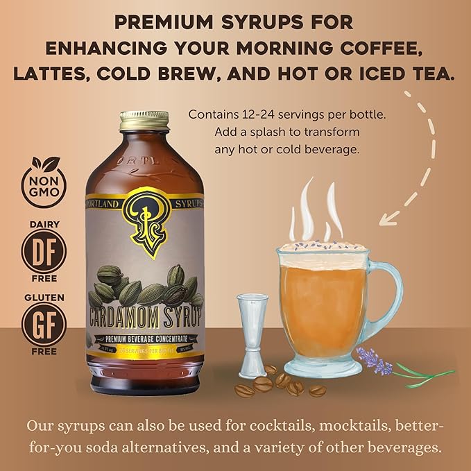 Portland Syrups Cardamom Syrup – Flavoring for Coffee, Lattes, Cold Brew, Macchiatos, Cocktails, & Desserts – Ideal for Drinks & Adding a Flavor to Any Beverage – 12 oz, 24 servings (Pack of 1)