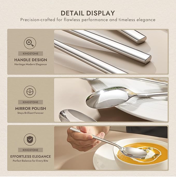 KINGSTONE Dinner Spoon Set, 24-Piece Tablespoons Silverware Spoons, Premium Food Grade Stainless Steel Spoons, Mirror Finish & Dishwasher Safe, Use for Kitchen, Home, Wedding, Party