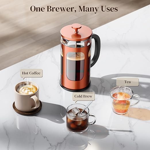 Veken French Press Coffee Maker 34oz 1 L, No Plastic Touching Cafe, Heat Resistant Thickened Borosilicate Glass, Stainless Steel Brewer, Cold Brew Cafetera Teapot for Kitchen Travel Camping, Copper