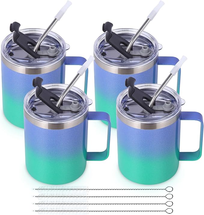 Volhoply 12oz Insulated Leakproof Coffee Mug with Flip & Straw Lid Bulk 4 Pack,Double Wall Vacuum Stainless Steel Travel Tumbler Cup with Handle,Camping Keep Cold/Hot(Purple Green,4 Set)