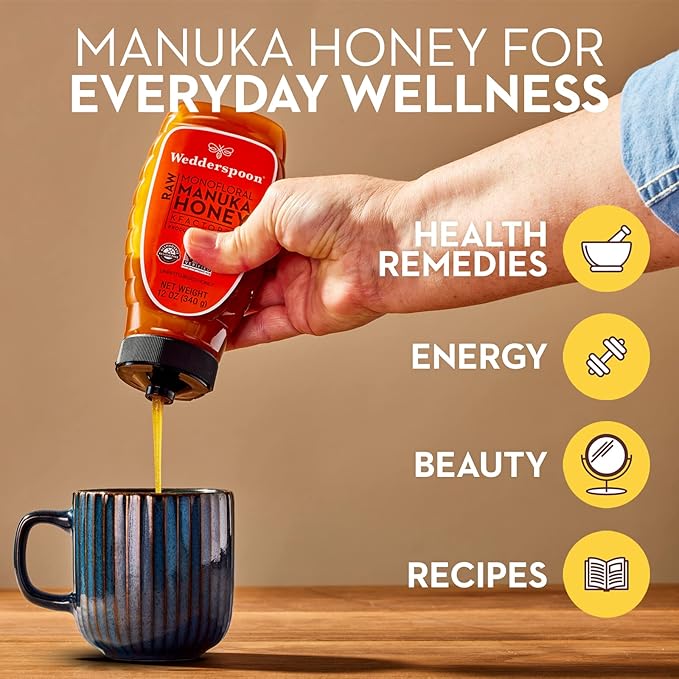 Wedderspoon Raw Manuka Honey, Unpasteurized, Genuine New Zealand Honey, Multi-Functional, Non-GMO Superfood, Convenient Squeeze Bottle, KFactor 16, 12 Ounce
