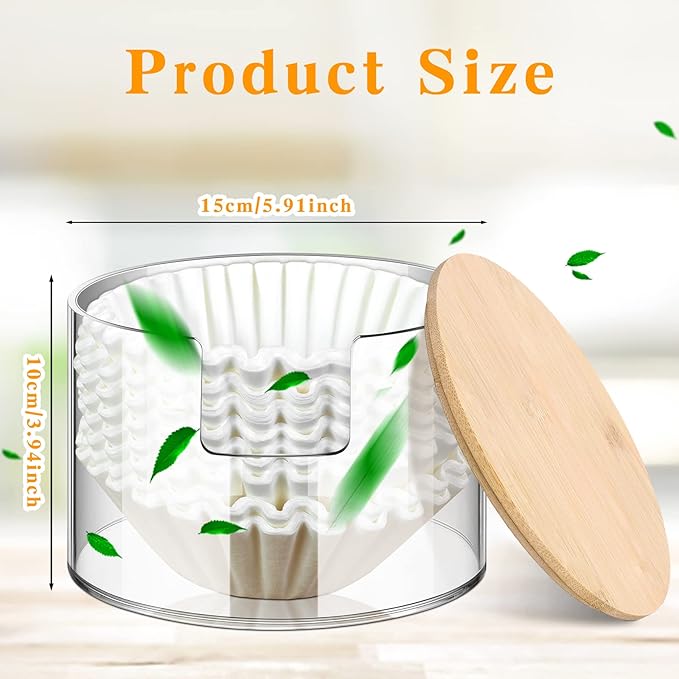 Qunclay Acrylic Coffee Filter Holder Reusable Clear Coffee Filter Storage Container Dispenser with Bamboo Lid for Counter Kitchen Accessories(Classic Style)