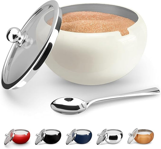 KooK Stainless Steel Sugar Bowl with Lid and Spoon, Serving Dish, Clear Glass Lid, Storage for Salt, Candy, Coffee, Holds 2 Cups, Dishwasher Safe, 16 oz Vintage White Glossy