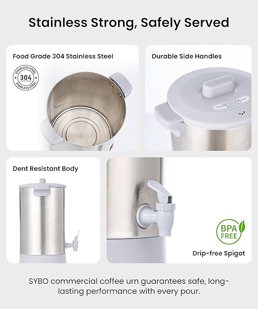 SYBO 45Cup Coffee Urn, Commercial Grade Stainless Steel Percolate Coffee Maker, Removable Filter, Easy to Clean, Hot Water Urn for Catering, Hot Beverage Dispenser with Cool-Touch Handles, 6L, Grey