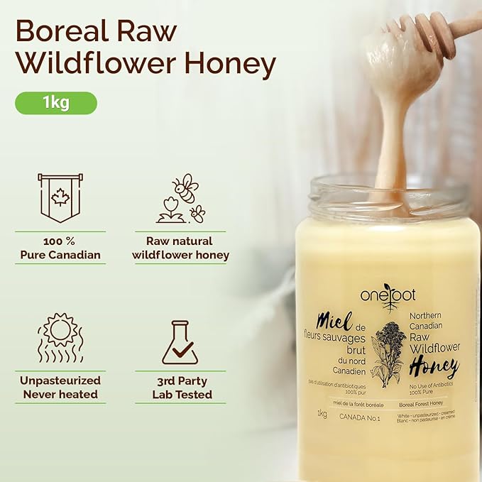 Oneroot 100% Canadian Wildflower Honey - 1kg / 2.2lbs, Unheated & Creamed - Nutrient-Rich, Natural Sweetener with Enzymes - Thick & Pure Raw Unfiltered Honey