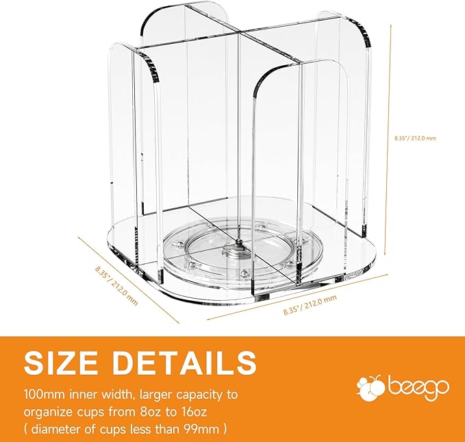 Beego Rotatable 4-Compartment Acrylic Cup Dispenser - Coffee Station Cup and Lid Carousel Countertop Plastic Cup Holder for Restaurant Breakroom Coffee Bar