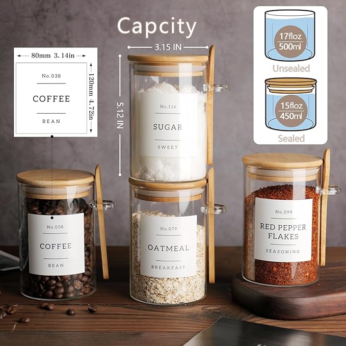Glass Jar with Bamboo Lid and Spoon - 4 Pcs 17 oz Sugar Container with 132 Food Pantry Labels - Glass Containers with Wooden Lids Hold Coffee, Tea, Candy