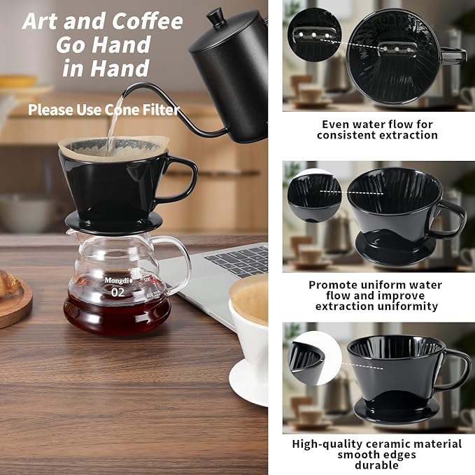 Mongdio Pour Over Coffee Maker, Ceramic Pour Over Dripper, Coffee Pour Over with 3 Holes Flat Bottom, Coffee Accessories for Home, Size 02 Black
