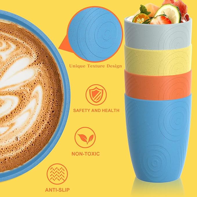 Homienly Kids Cups Premium Wheat Straw Cups Set of 4, Reusable Cups, Unbreakable Drinking Cup 12 OZ, Dishwasher and Microwave safe, Tumbler for Juice, Drinks, Milk - Beach Color