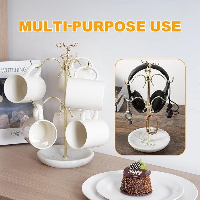 BCS Mug Holder with Marble Base - 6 Hooks Mug Rack Coffee Cup Storage Tree Jewelry Display Stand Holder for Countertop