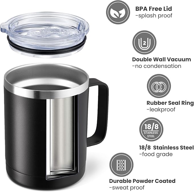 MEWAY 12oz Coffee Mug With Handle and Sliding Lid,Stainless Steel Travel Tumbler Cup with Handle,Double Wall Vacuum Insulated Camping Cup for Hot & Cold Drinks Tea (Black,Set of 1
