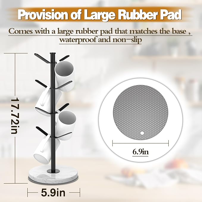 Marble Mug Holder Tree, 8 Hooks Coffee Cups Stand, New Upgraded Stable Mug Stand for Kitchen Counter Cabinet Cafe Black