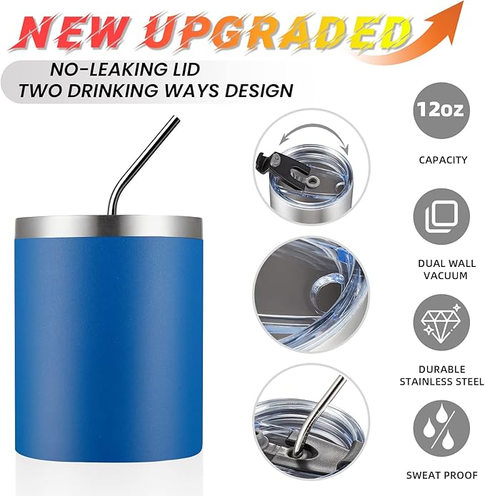MEWAY 12 oz Lowball, Tumbler Stainless Steel Double Wall Vacuum Insulated Mug with Straw and Lid, Cleaning Brush ，Durable Powder Coated Insulated Coffee Cup for Cold & Hot Drinks (Navy,1 Pack)