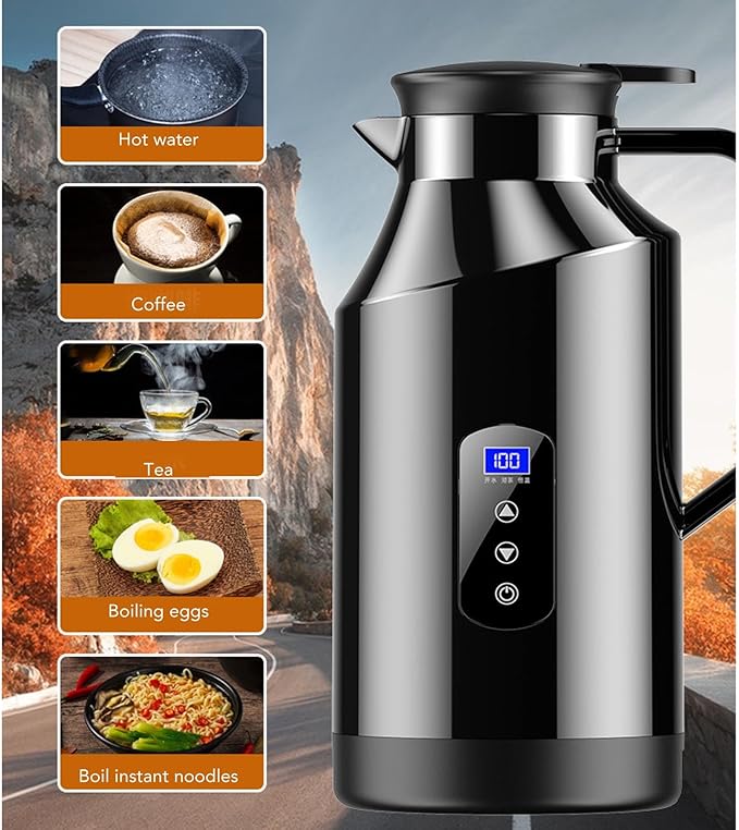 Haofy Portable Car Electric Kettle Hot Water Boiler 200W 1500ml 12V 24V Stainless Steel Display with Cigarette Lighter Plug for Travel