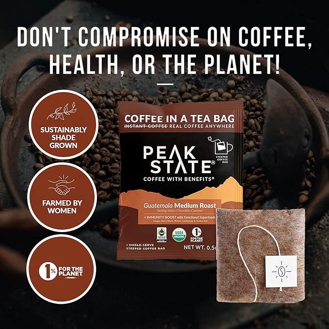 Peak State Immunity Boost Mushroom Coffee with Benefits, Medium Roast – Low Acid and Smooth, Dark Chocolate and Sweet Grape Notes, Organic Whole Bean, Gluten Free, 10 Single Serve Tea Bags