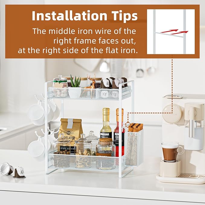 VITVITI Coffee Bar Organizer with Mug Holder, Metal Coffee Station Organizer for Countertop, 2 Tier Cup Mug Holders Rack with Basket for Kitchen Office, White