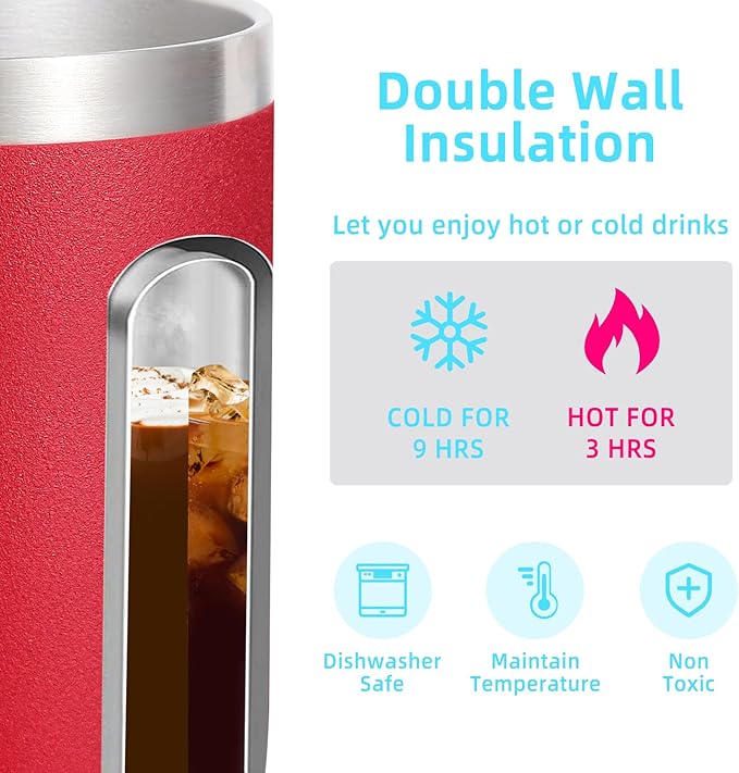 Volhoply 14oz Insulated Stainless Steel Coffee Mug with Leakproof Lid,Double Wall Vacuum Travel Coffee Cup with Handle,Reusable Metal Cups Tumbler,Camping Mugs Keep Hot&Cold,Ideal Gifts(Red,1)