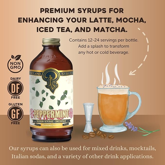 Portland Syrups Peppermint Syrup for Lattes, Coffee & Mocktails - Organic Cane Sugar & Peppermint for Hot Cocoa & Holiday Recipes - Rich Flavor & Whole Ingredients - 12 oz, 12-24 Servings (Pack of 1)