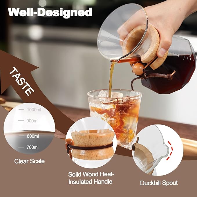 Pour Over Coffee Pot Set 1000ml Features 304 Stainless Steel Filter Glass Coffee Pot with High Borosilicate Glass Duckbill Spout Design Solid Wood Handle Pour Over Coffee Drippers Daily Brewing