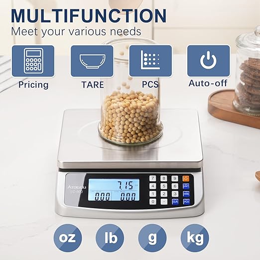 110lb Food Scale, Commercial Kitchen Scale with Price Computing, Plug-in Usable, 0.05oz/1g, 304 Stainless Steel, for Cooking, Vegetables, Farm, Industry, Counting. LC300 Silver