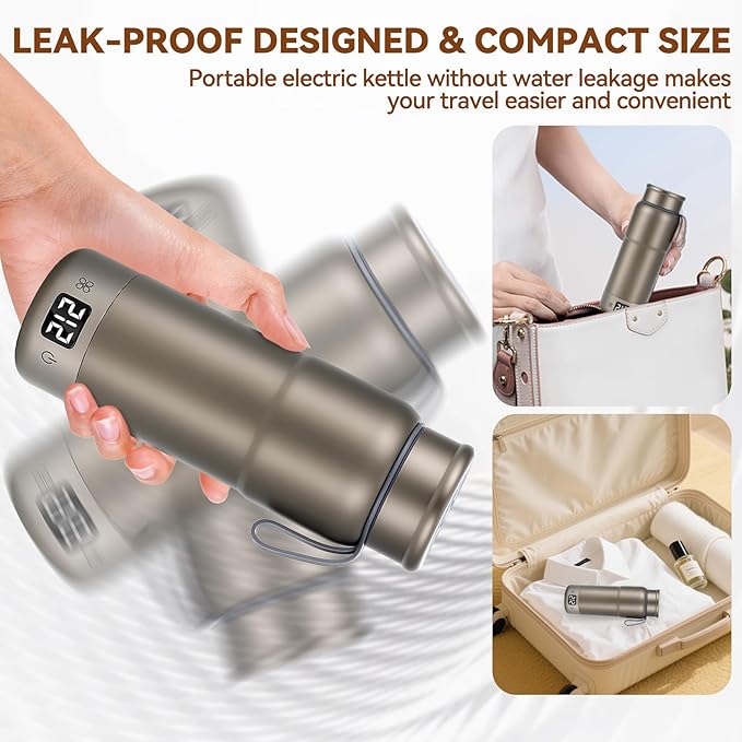 Pure Titanium Travel Kettle,Dual Voltage Portable Electric Kettle 110V-240V Smart Small Water Boiler for Tea & Coffee,12 Temperature Control,Auto Shut Off & Boil Dry Protection (Gray,520ML)