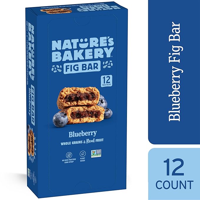 Nature's Bakery Whole Wheat Fig Bars, Blueberry, Real Fruit, Vegan, Non-GMO, Snack bar, Twin packs- 12 count