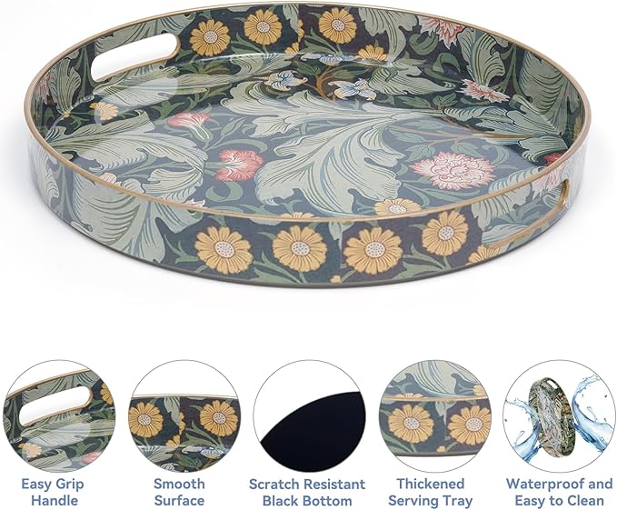 Round Coffee Table Trays, Serving Tray with Handles for Ottoman Coffee Table, Large Tray for Living Room Modern