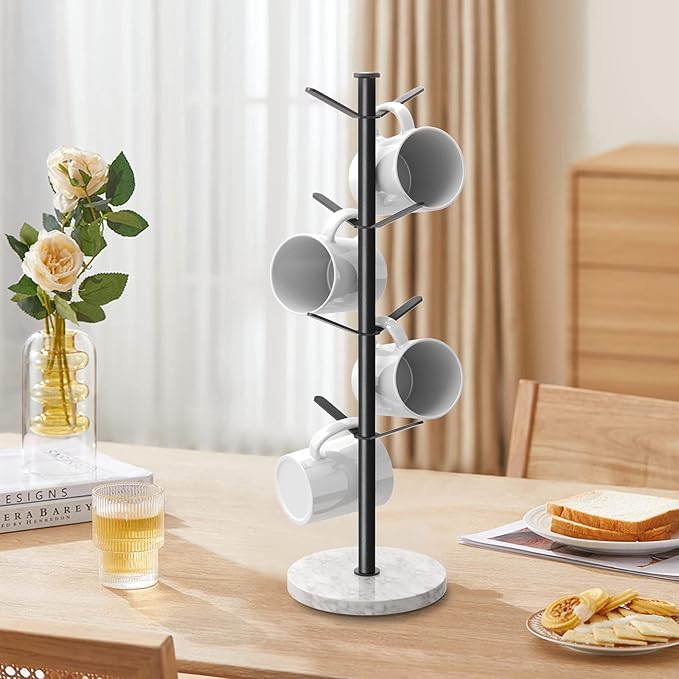Marble Mug Holder Tree, 8 Hooks Coffee Cups Stand, New Upgraded Stable Mug Stand for Kitchen Counter Cabinet Cafe Black