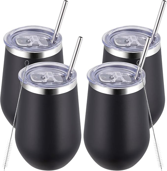 MEWAY 12oz/4 Pack Wine Tumbler Glasses with Lid - Stemless Double Wall Vacuum Stainless Steel Tumblers Keeping Cold & Hot for Wine - Family and Gifts, Ideal for Travel and Office(Black,Set of 4)