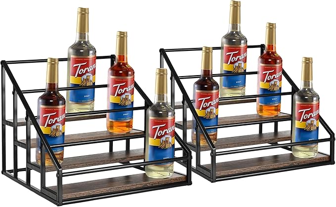 Coffee Syrup Rack Organizer,Liquor Bottle Display Shelf,Water cup display stand,Spice Rack Kitchen Cabinet Organizer,Rustic Brown,2 Packs 4 Tier 16 Bottle Coffee Syrup Holder