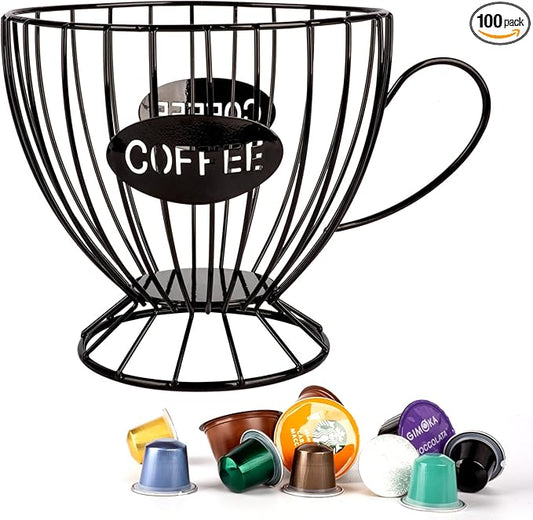 Stainless Steel Cup Coffee Basket pods holder Sturdy for Home or Office Kitchen Counter Organizer Espresso Capsule (Coffee Cup Shape BLACK)