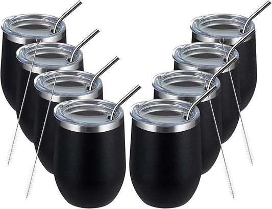 MEWAY 12OZ/8 Pack Wine Tumbler Glasses with Lid - Stemless Double Wall Vacuum Stainless Steel Travel Tumbler - Keeping Cold & Hot for Wine,Coffee,Cocktails,Drinks-Family and Gifts (Black,Set of 8)