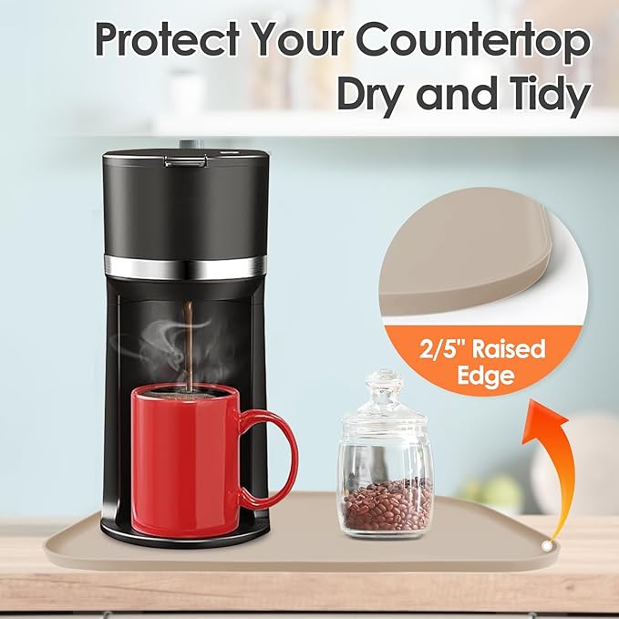 Silicone Coffee Maker Mat with Lip, 24'' x 16'' Heavy Duty Coffee Maker Mat for Countertops, Coffee Tray Fit Under Coffee Machine Appliance Automatic Machines Espresso Accessory, Khaki