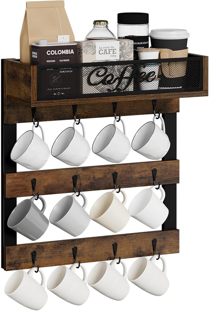 YINMIT Coffee Mug Holder with 12 Hooks, Coffee Cup Holder Wall Mounted with Top Shelf, Mug Organizer for Home Kitchen, Brown